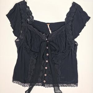 Free People Arlo Lace Blouse Top Black Milkmaid Short Sleeve NWT Size M